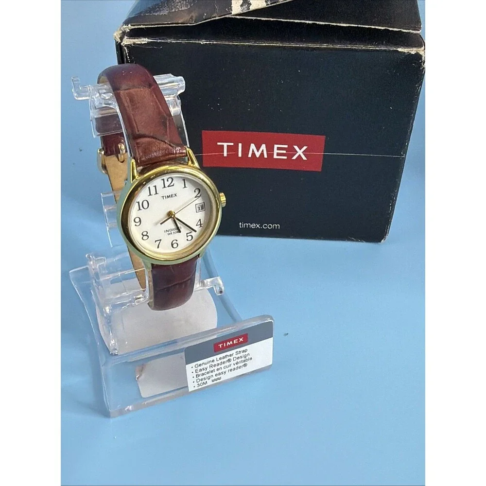 Timex Indiglo Quartz Watch Women 30m Gold Tone Leather Date Analog New Battery